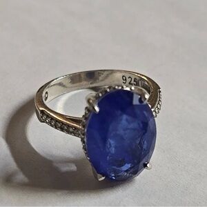 Sterling Silver Blue Sapphire Oval Center Stone Ring Sz 6 Statement Ring